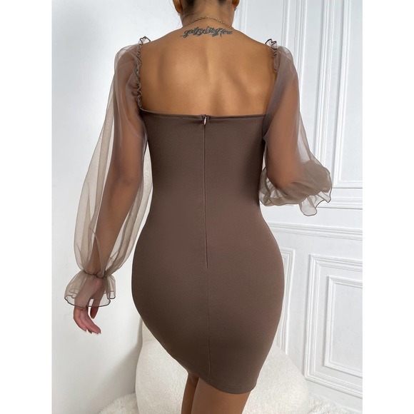 Sweetheart Neck Flounce Sleeve Bodycon Dress sheer long sleeve black butterfly - Picture 5 of 11